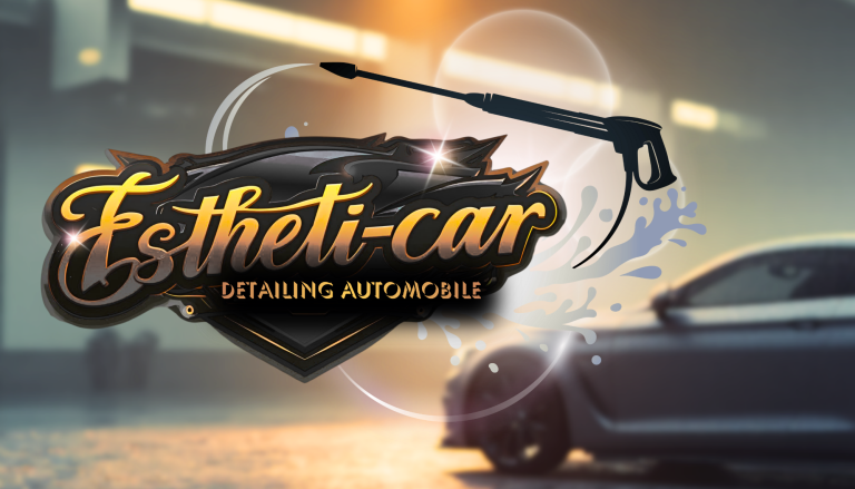 Logo d'Estheti-car avec un design moderne et élégant, représentant un voiture et un accessoire de lavage.